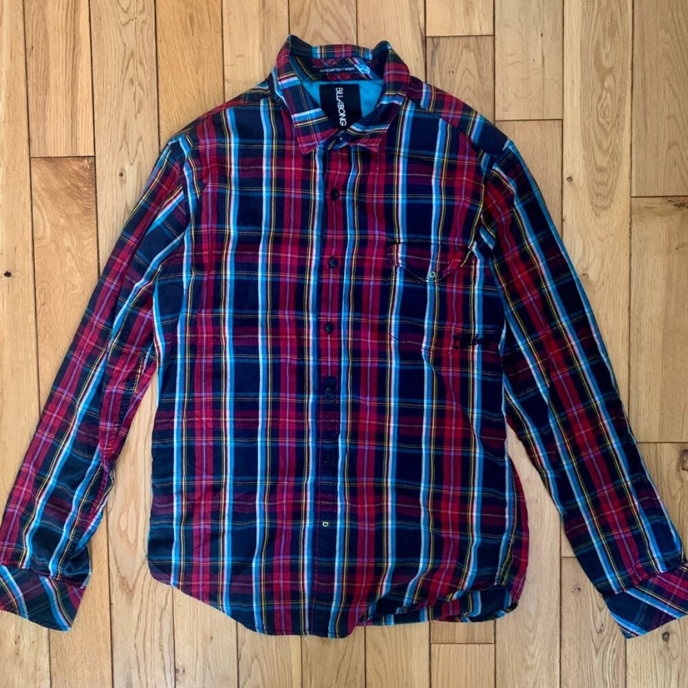 Y2K Billabong Long Sleeve Polo Men Small skater streetwear flannel plaid
